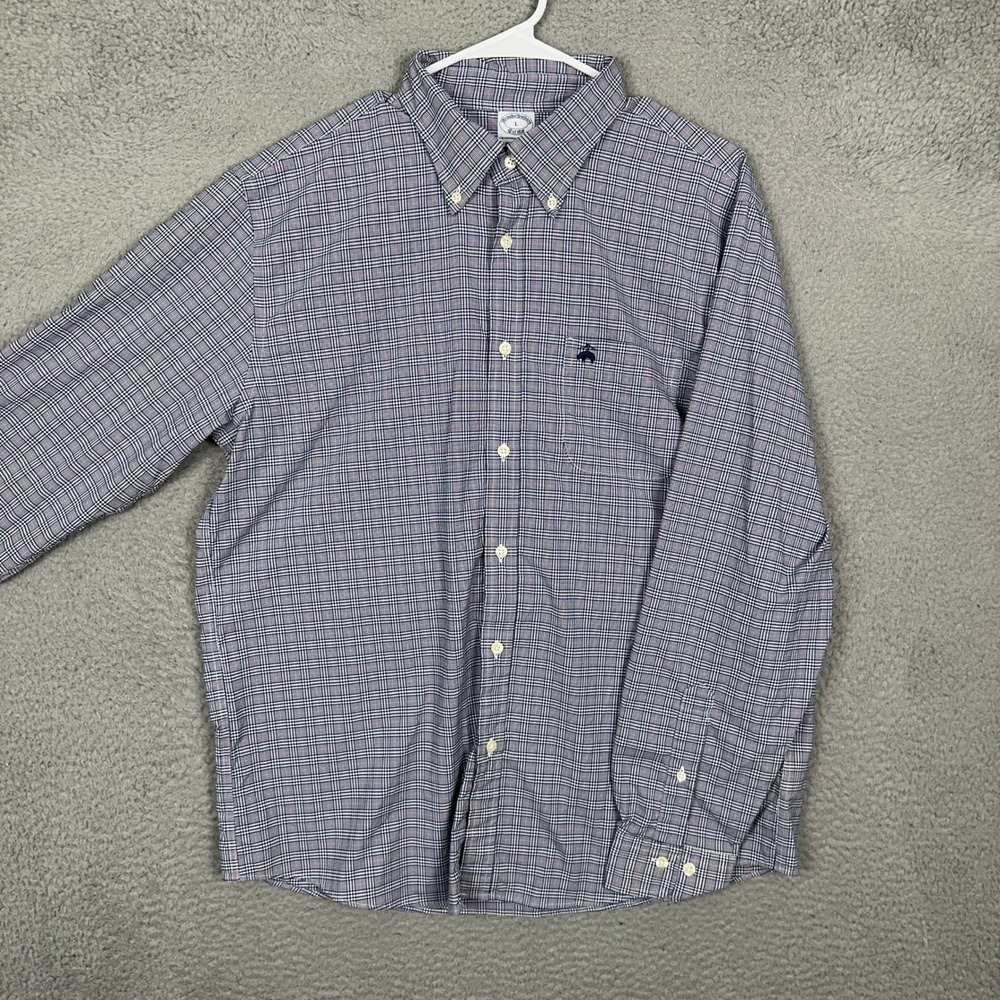 Brooks Brothers Shirt Mens Large Regular Navy Blue Check Buttn-Down Stretch EUC